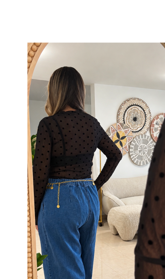 Black Polka Dot Mesh Top | Top Negro Mesh con Polka Dots
