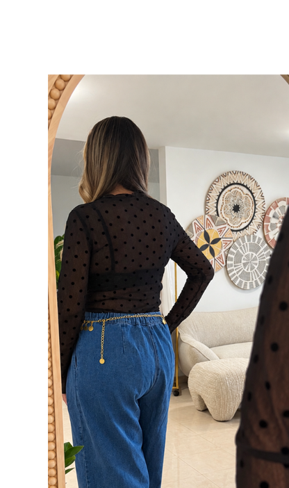 Black Polka Dot Mesh Top | Top Negro Mesh con Polka Dots