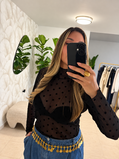 Black Polka Dot Mesh Top | Top Negro Mesh con Polka Dots