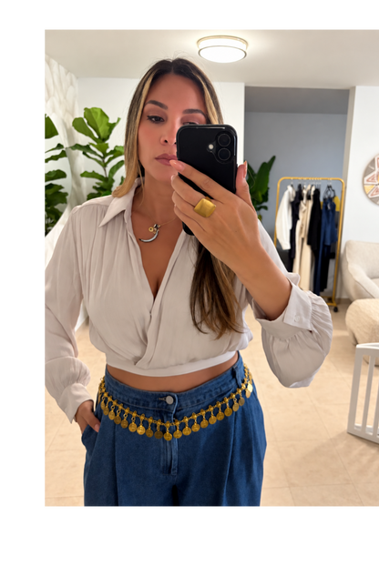 Ivory Cropped Wrap Blouse | Blusa Marfil Corta de Efecto Cruzado