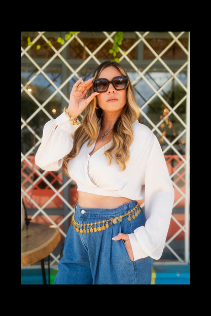 Ivory Cropped Wrap Blouse | Blusa Marfil Corta de Efecto Cruzado